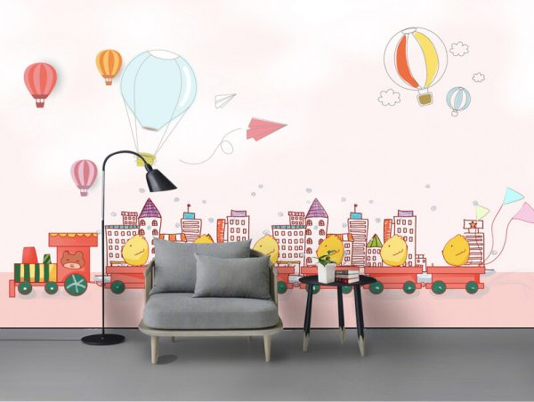 Children Room Cartoon Drawing Train House Hot Air Balloon Wallpaper