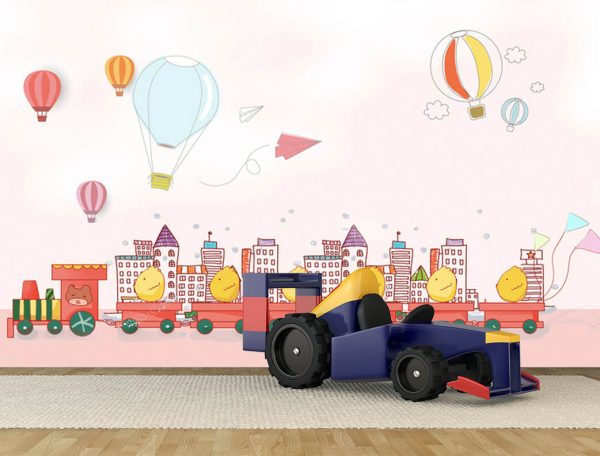 Children Room Cartoon Drawing Train House Hot Air Balloon Wallpaper - Image 3
