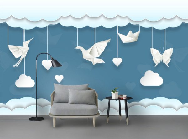 Cute Cloud Origami Effect Kids Room Background Wall Mural