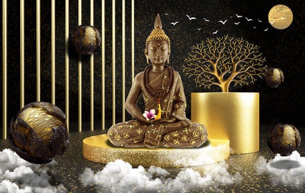 3d wallpaper, Buddha rendering of golden shiny background in black studio with floating balls - Image 2