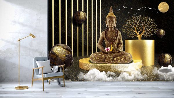 3d wallpaper, Buddha rendering of golden shiny background in black studio with floating balls - Image 3