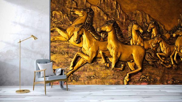 Golden Horses sculptures on the wall - Image 2
