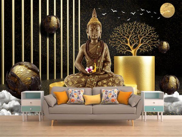 3d wallpaper, Buddha rendering of golden shiny background in black studio with floating balls