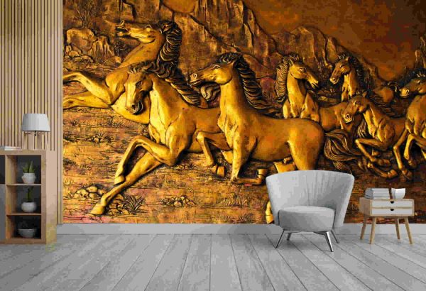 Golden Horses sculptures on the wall - Image 3