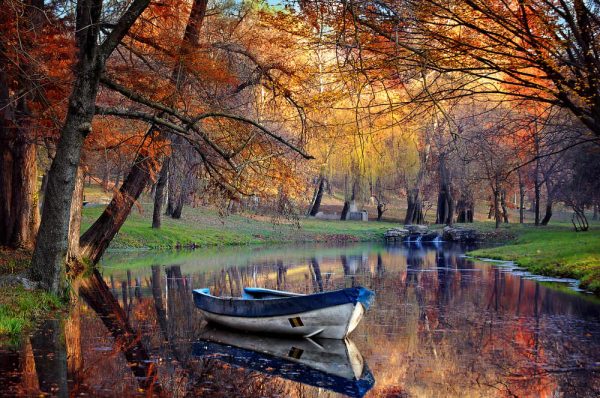 Colorful autumn landscape, Nature background, Boat on the lake in the autumnal forest