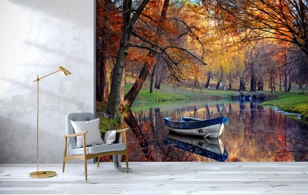 Colorful autumn landscape, Nature background, Boat on the lake in the autumnal forest - Image 2