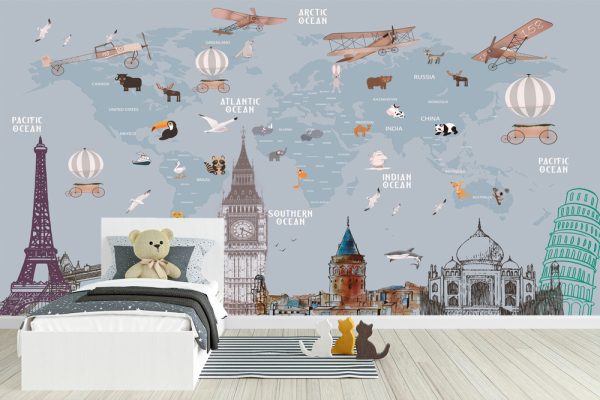 Animals world map and famous landmarks of the world for kids wallpaper design - Image 2