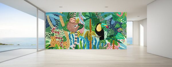 Abstract jungle background! Vector illustrations of animals (sloth, snake, leopard, parrot toucan), leaves, spots, objects and textures. wallpaper for walls - Image 3