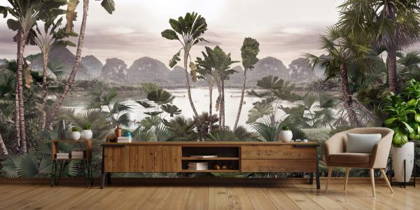 Tropical palm leaves. Mural, Wallpaper for Walls. 3D illustration