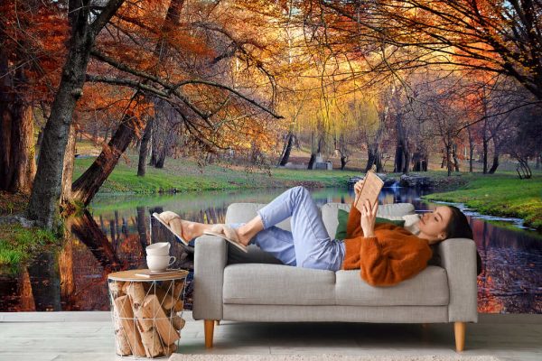 Colorful autumn landscape, Nature background, Boat on the lake in the autumnal forest - Image 3