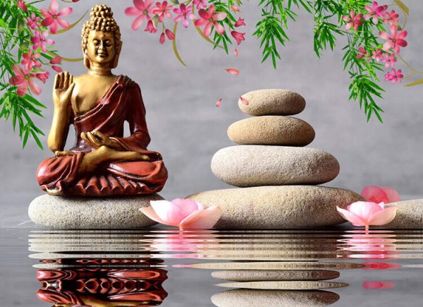 3d Wallpaper, Buddha sitting in ZEN garden with flower and balance stones.