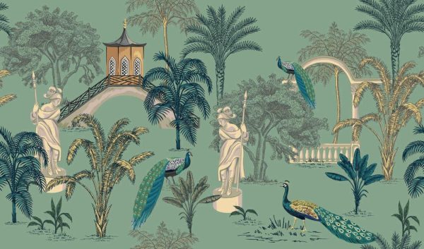 Tropical park ink drawn palm trees, pagoda, peacock, arch summer floral seamless pattern.Exotic jungle wallpaper. - Image 2