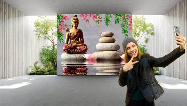 3d Wallpaper, Buddha sitting in ZEN garden with flower and balance stones. - Image 2