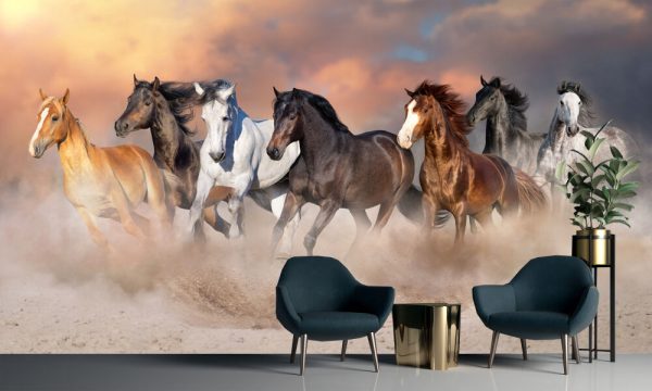 Horse herd run gallop in desert dust against dramatic sky - Image 2