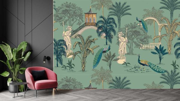 Tropical park ink drawn palm trees, pagoda, peacock, arch summer floral seamless pattern.Exotic jungle wallpaper. - Image 3
