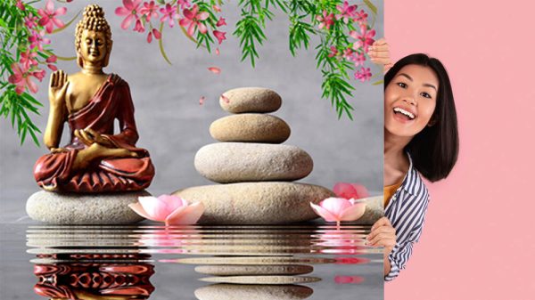 3d Wallpaper, Buddha sitting in ZEN garden with flower and balance stones. - Image 3