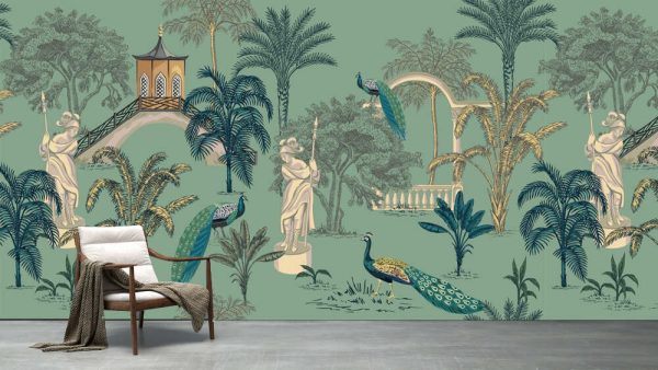 Tropical park ink drawn palm trees, pagoda, peacock, arch summer floral seamless pattern.Exotic jungle wallpaper.