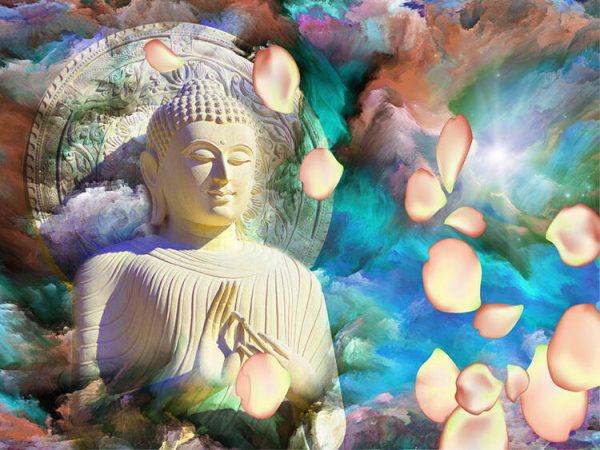 3d wallpaper, Buddha with colourful background and rose petals
