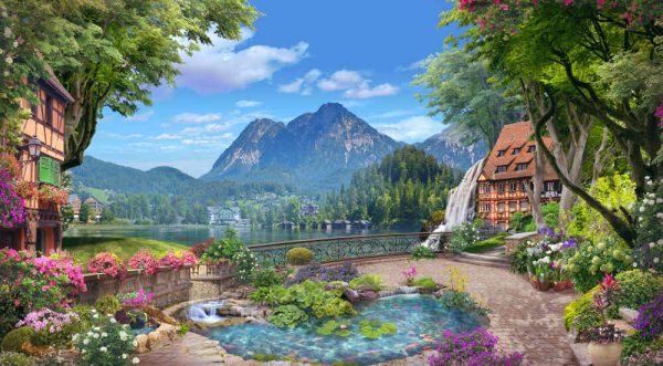 Beautiful views of the lake and mountains from the blooming garden. mural and fresco. Wallpaper design. - Image 2