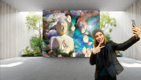 3d wallpaper, Buddha with colourful background and rose petals - Image 2