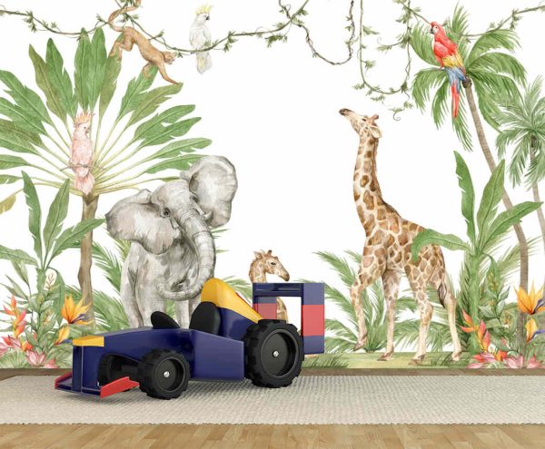 Watercolour composition with African animals and natural elements. Elephant, giraffe, monkeys, parrots, palm trees, flowers. Safari wild creatures. Jungle, tropical illustration for nursery wallpaper