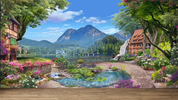 Beautiful views of the lake and mountains from the blooming garden. mural and fresco. Wallpaper design. - Image 3