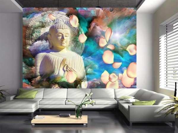 3d wallpaper, Buddha with colourful background and rose petals - Image 3