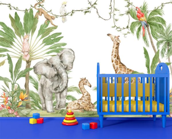 Watercolour composition with African animals and natural elements. Elephant, giraffe, monkeys, parrots, palm trees, flowers. Safari wild creatures. Jungle, tropical illustration for nursery wallpaper - Image 2