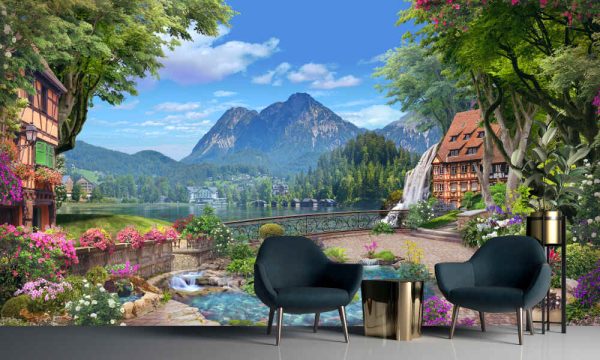 Beautiful views of the lake and mountains from the blooming garden. mural and fresco. Wallpaper design.