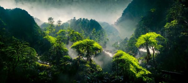 Exotic foggy forest. Jungle panorama, forest oasis. Foggy dark forest. Natural forest landscape. 3D illustration. - Image 2