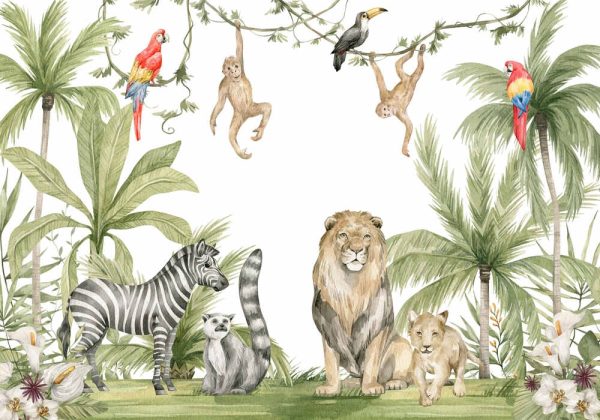 Watercolour composition with African animals and natural elements. Lion, zebra, monkeys, parrots, palm trees, flowers. Safari wild creatures. Jungle, tropical illustration for nursery wallpaper.jpg