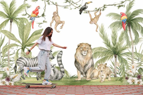 Watercolour composition with African animals and natural elements. Lion, zebra, monkeys, parrots, palm trees, flowers. Safari wild creatures. Jungle, tropical illustration for nursery wallpaper.jpg - Image 2