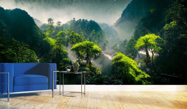 Exotic foggy forest. Jungle panorama, forest oasis. Foggy dark forest. Natural forest landscape. 3D illustration. - Image 3