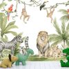Watercolour composition with African animals and natural elements. Lion, zebra, monkeys, parrots, palm trees, flowers. Safari wild creatures. Jungle, tropical illustration for nursery wallpaper.jpg - Image 3