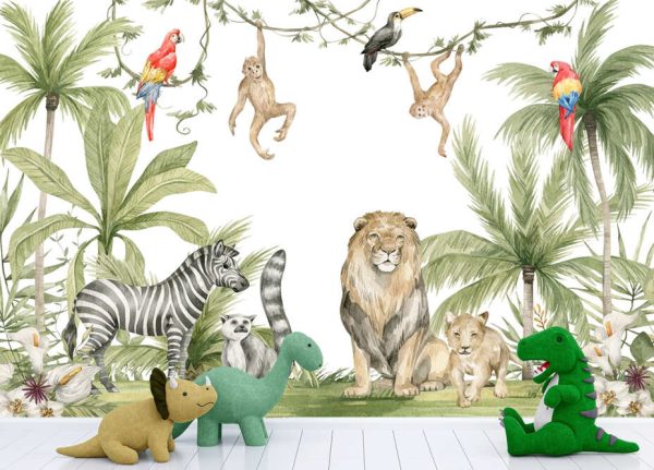 Watercolour composition with African animals and natural elements. Lion, zebra, monkeys, parrots, palm trees, flowers. Safari wild creatures. Jungle, tropical illustration for nursery wallpaper.jpg - Image 3