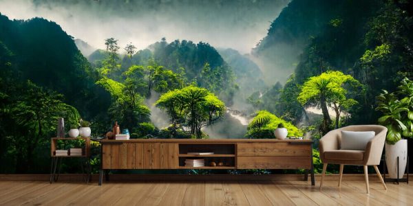 Exotic foggy forest. Jungle panorama, forest oasis. Foggy dark forest. Natural forest landscape. 3D illustration.