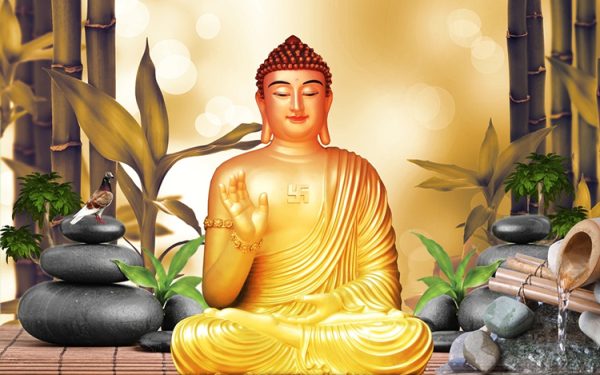 3d Buddha Wallpaper with beautiful background bamboo trees stone water birds natured..