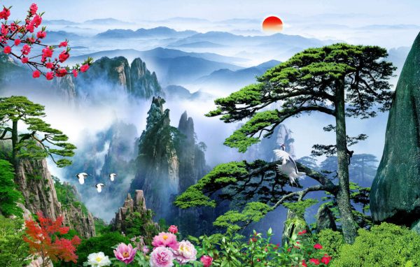 3d wallpaper design with an amazing landscape view and trees flowers and forest
