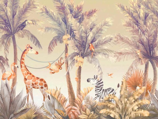 Wallpaper safari kids giraffe zebra palm trees animals tropical - Image 2