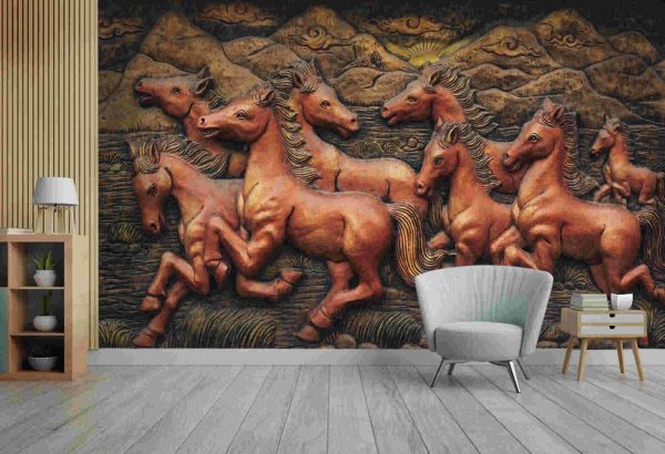 Low relief cement Thai style handcraft of horse on wall - Image 3