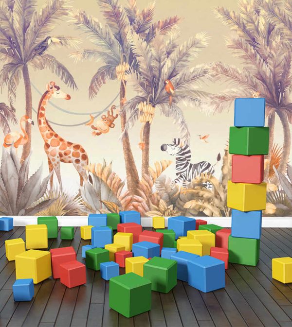 Wallpaper safari kids giraffe zebra palm trees animals tropical