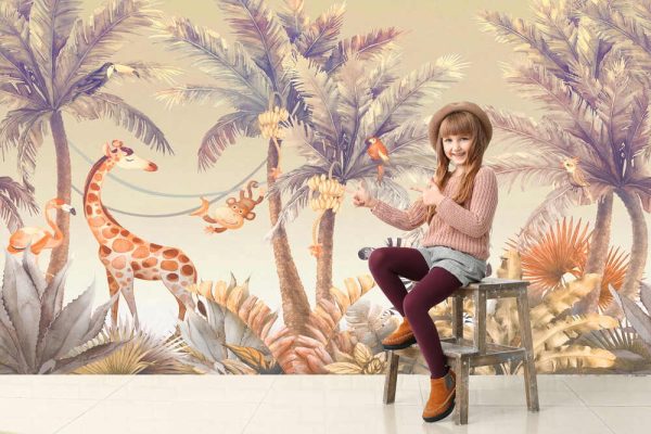 Wallpaper safari kids giraffe zebra palm trees animals tropical - Image 3