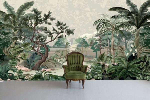 Jungle landscape with river and palms. Interior print mural