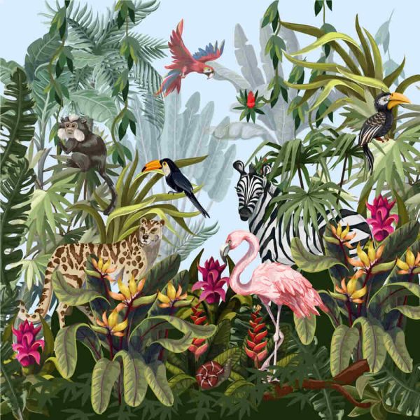 Jungle landscape with wild animals.