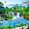 Landscape of mountain with waterfall and nine fishes near a bridge for wall decoration. - Image 2