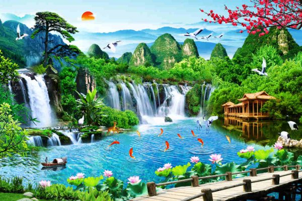 Landscape of mountain with waterfall and nine fishes near a bridge for wall decoration. - Image 2