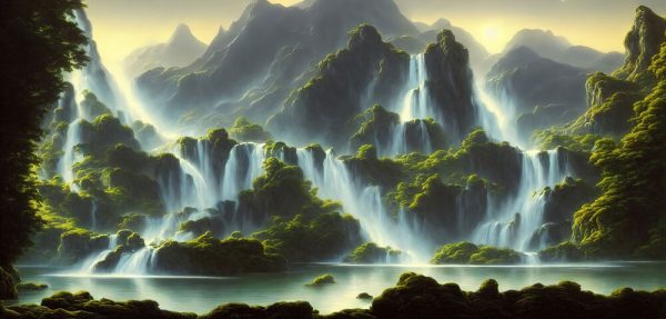 Large wide cascading waterfall in the forest, water flows down the mountainside. - Image 2