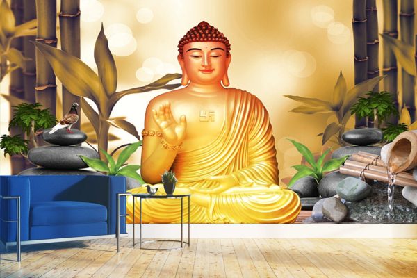 3d Buddha Wallpaper with beautiful background bamboo trees stone water birds natured.. - Image 2
