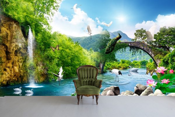 Waterfall wallpaper and nature image with peacock with swan wallpaper for walls - Image 3