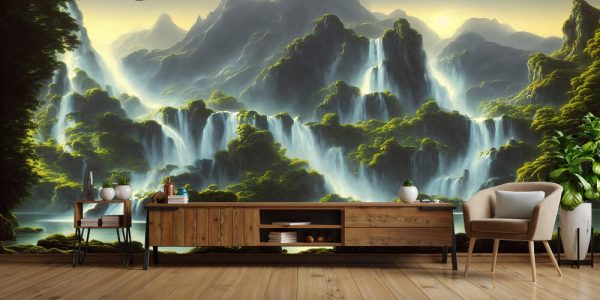 Large wide cascading waterfall in the forest, water flows down the mountainside. - Image 3